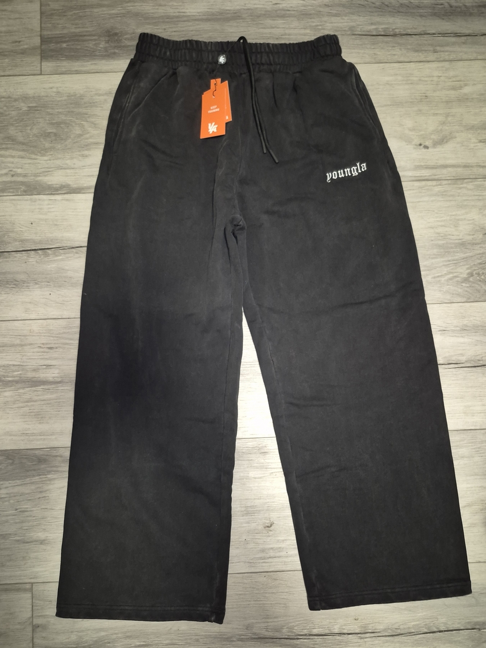 YoungLA Black Washed Wide Leg Sweatpants Large NWT Gothic Logo